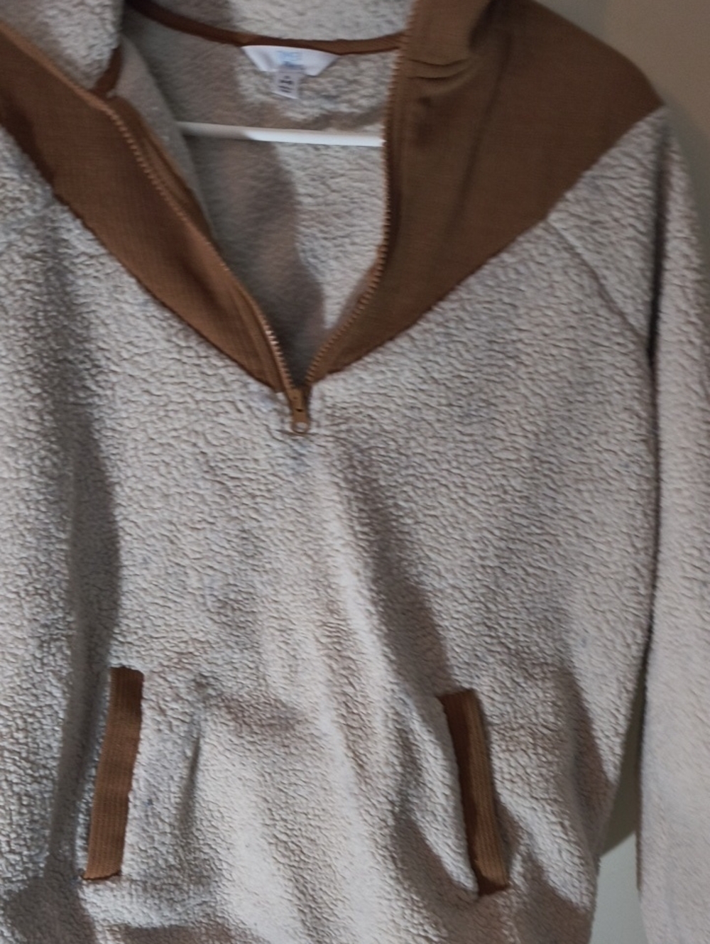 Time and Tru Cream and Brown Sherpa Half-Zip Hoodie
